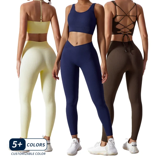 Großhandel OEM/ODM Frauen 2 Stück Leggings + BH Bekleidung Kleidung Rib Yoga Set Gym Workout Fitness Aktive Sport-Sets